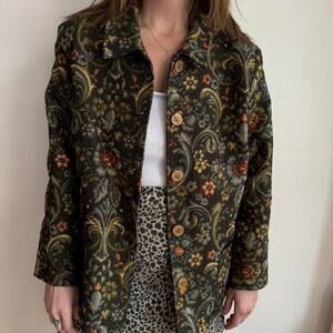 Green floral button up jacket fits like an XL